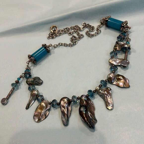 #2 Faux abalone, on a 24”  silver tone chain, with aqua faceted beads. - Picture 2 of 5